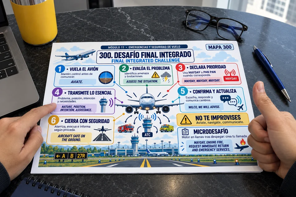 Alumno piloto estudiando mapas en escritorio de vuelo